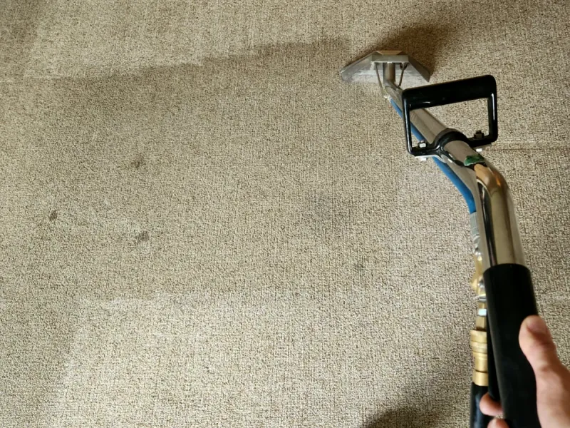 Carpet wand on tan carpet, showing a cleaned strip next to spotted, soiled carpet