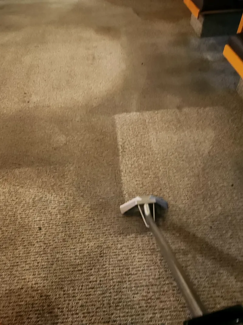 Carpet wand on commercial carpet beside booth seating, showing a cleaned patch next to soiled carpet
