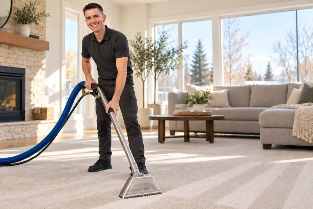 AI-generated illustration of Marko cleaning a living room carpet