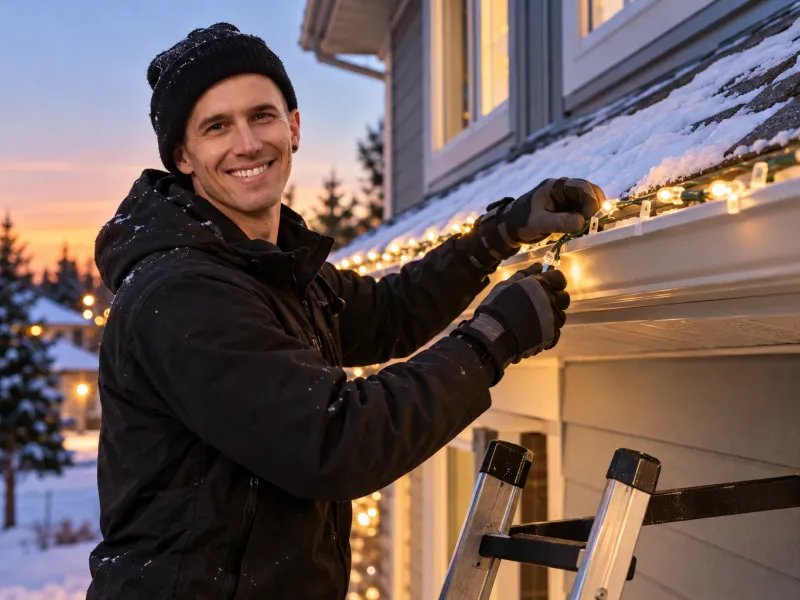 AI-generated illustration of Marko Sawatzky clipping warm white LED Christmas lights onto an eavestrough at dusk