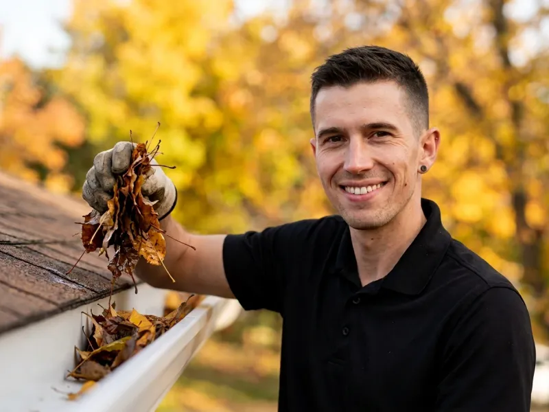 AI-generated illustration of Marko Sawatzky lifting a handful of autumn leaves out of an eavestrough
