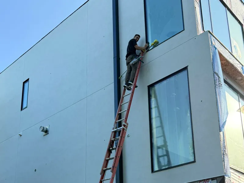 Window cleaner on a tall ladder cleaning an upper window on the outside of a new building still in house wrap