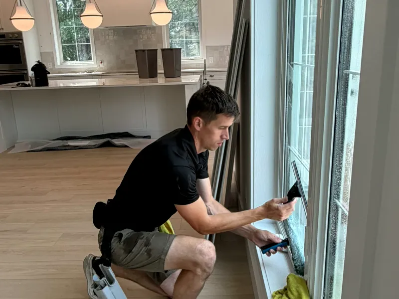 Marko kneeling at a tall window with a squeegee and scrubber in a bright new kitchen with protective sheeting on the floor