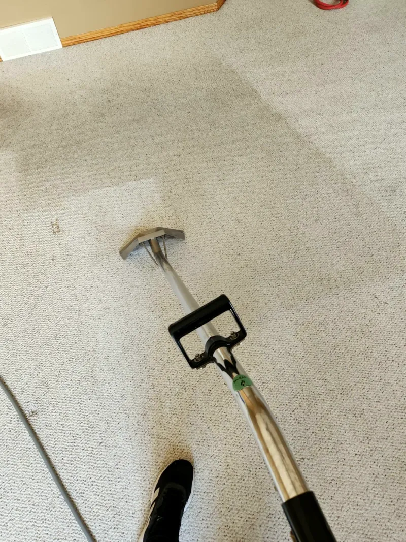 Carpet wand on beige carpet, with a lighter cleaned section beside darker soiled carpet