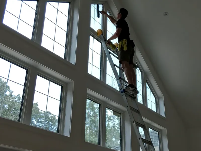 Window cleaner on a ladder squeegeeing the top row of windows in a room with a tall vaulted wall of glass